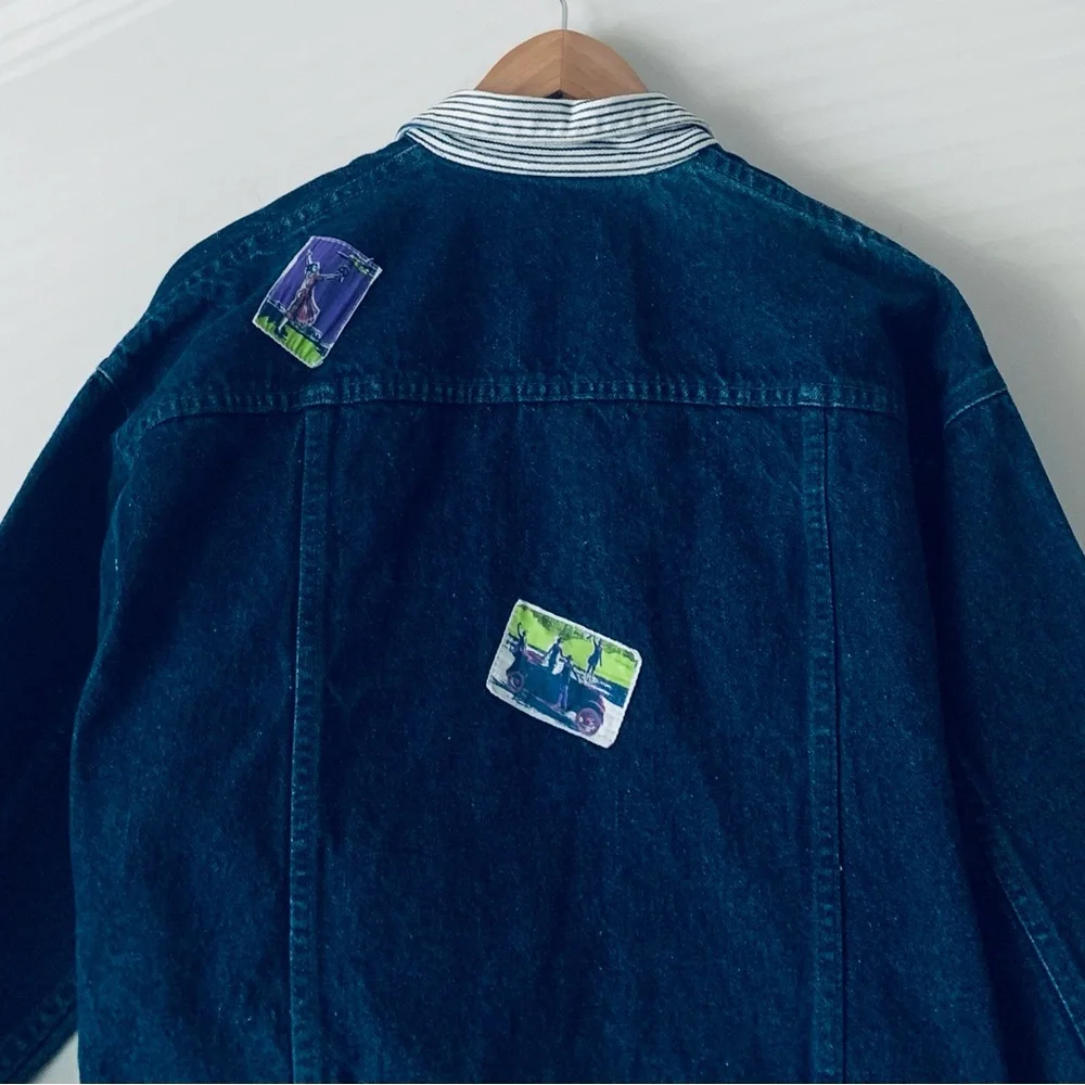 Vintage OshKosh Denim Jacket Stripe Collar Patchwork Size 12 Dark Blue Granola
